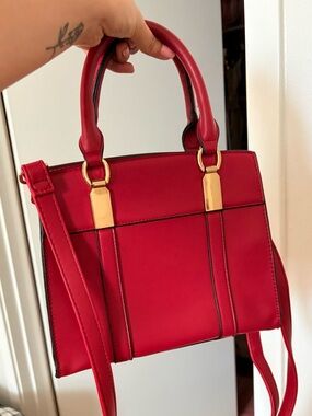 Red Faux Leather Crossbody Satchel Bag
